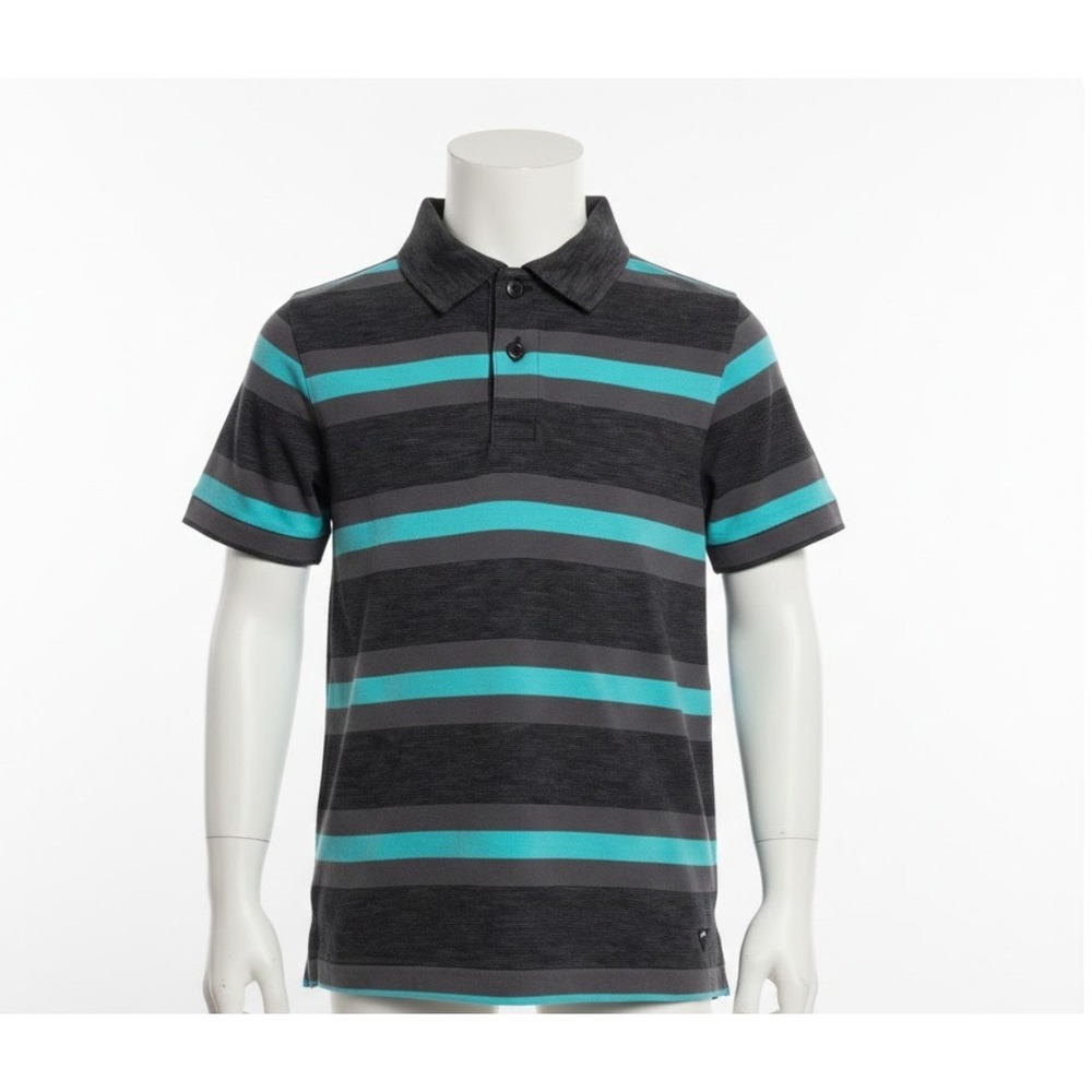 Tony Hawk Polo Shirt Boys Medium (5-6 yrs)Gray Teal Striped Short‎ Sleeve Skater
